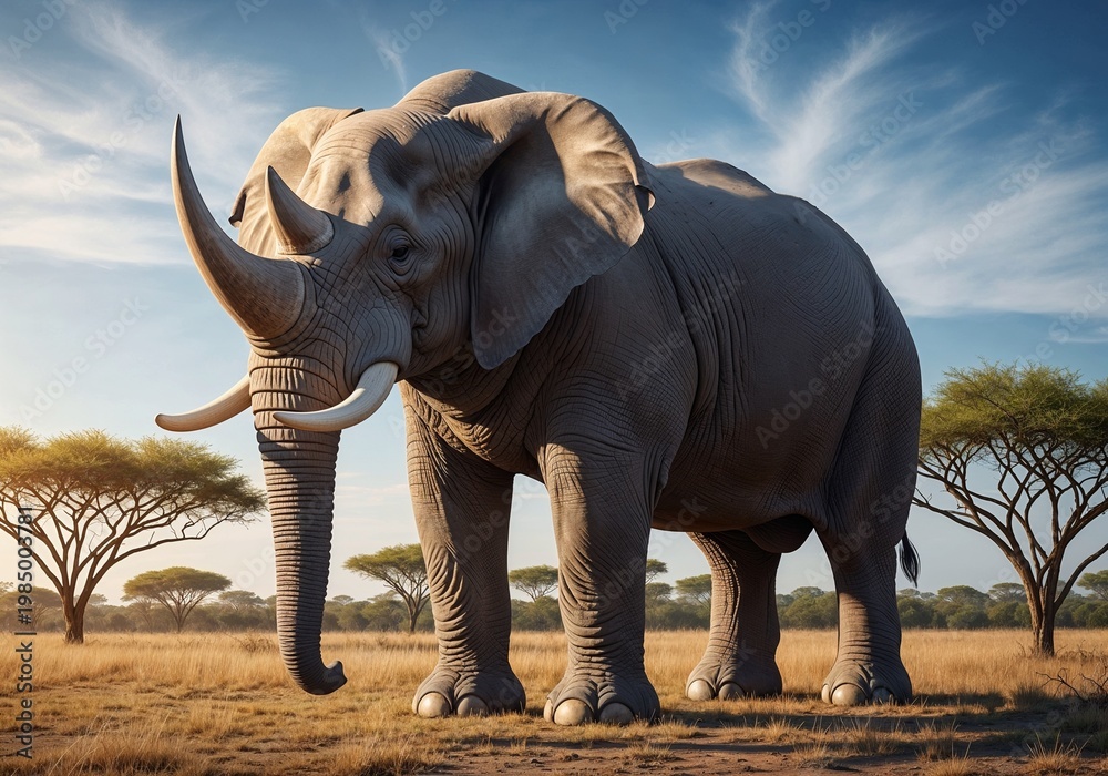 Fototapeta premium Hybrid elephant-rhinoceros standing majestically on an African savanna landscape 