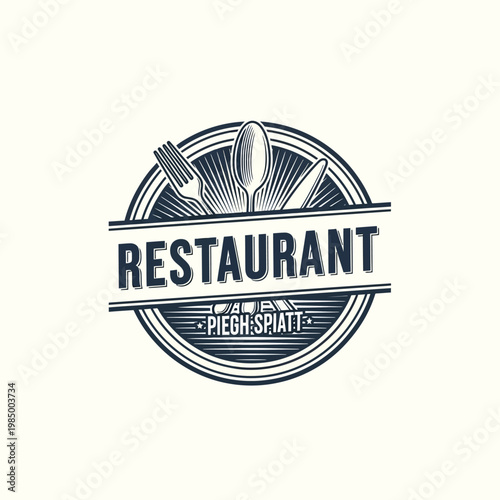 Restaurant Logo with Utensils and Text.