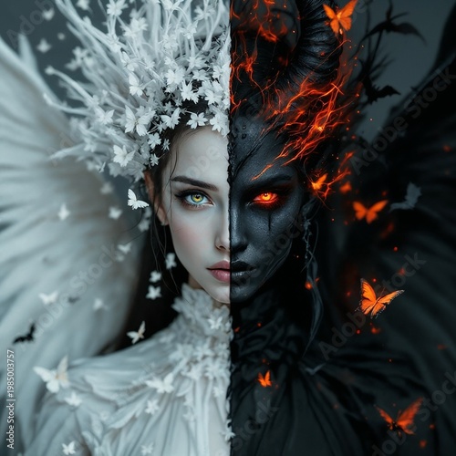 Duality of light and dark woman with wings and butterflies around  