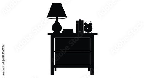 A bedside table with lamp books clock and accessories a black silhouette