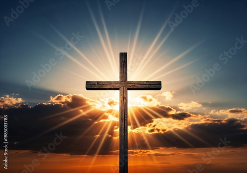 Wooden cross silhouetted against a sunset with rays of light  