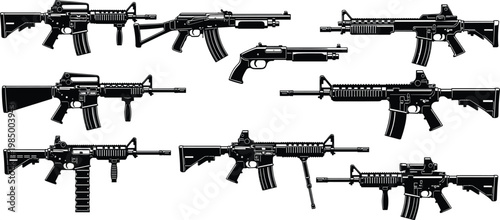 Set of Military Firearms Silhouette Icons Featuring Tactical Assault Rifles and Shotguns with Advanced Scopes and Bipods for Combat Gaming and Armed Forces Defense Designs