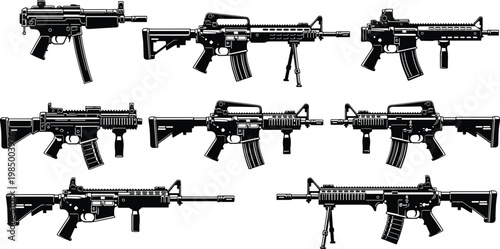 Set of Military Assault Rifle and Submachine Gun Silhouette Icons Featuring Tactical Firearms with Scopes Tripods and Grips for Combat Gaming and Armed Forces Security Designs
