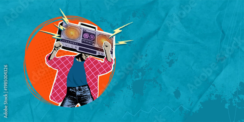 A creative, surreal pop art illustration featuring a character with a retro stereo head. A contemporary urban collage with a crumpled paper texture, lighting elements, and vibrant 90s colors. Concept 