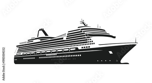 A striking black silhouette of a large cruise ship on a white background silhouette
