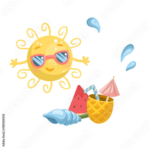 Summer tropical clipart set with cute sun character pineapple drink and seashell