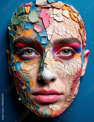 Artistic portrait of woman’s face covered in colorful paint fragments  