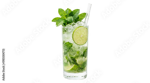 Tableau sur toile Tall glass of mojito cocktail with mint leaves lime slices and ice, isolated on