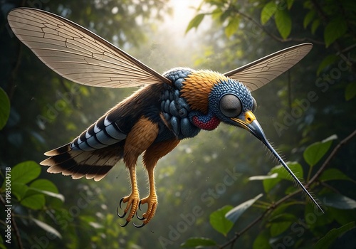 Hybrid bird with mosquito features flying in a lush forest setting