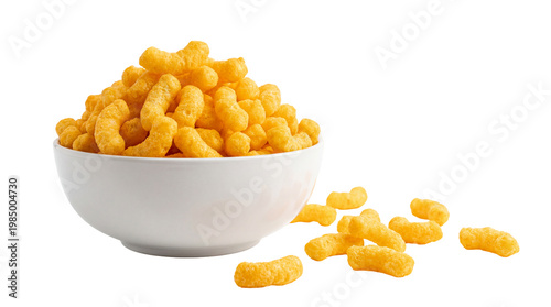 Cuadro en lienzo Crunchy cheese puffs piled in a white bowl, scattered around isolated on transpa