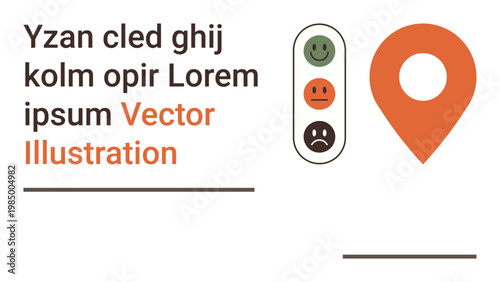 Navigation, feedback systems, analytics, user interface, geolocation, digital tools. Bright orange location pin and feedback levels with happy, neutral and sad faces. Navigation and feedback systems