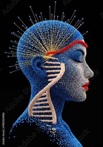 Abstract representation of human brain with DNA and neural connections  