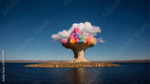Colorful cloud-shaped tree floating on calm water under blue sky  