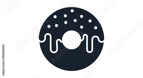 A dark stylized donut design with white icing and sprinkles a striking silhouette