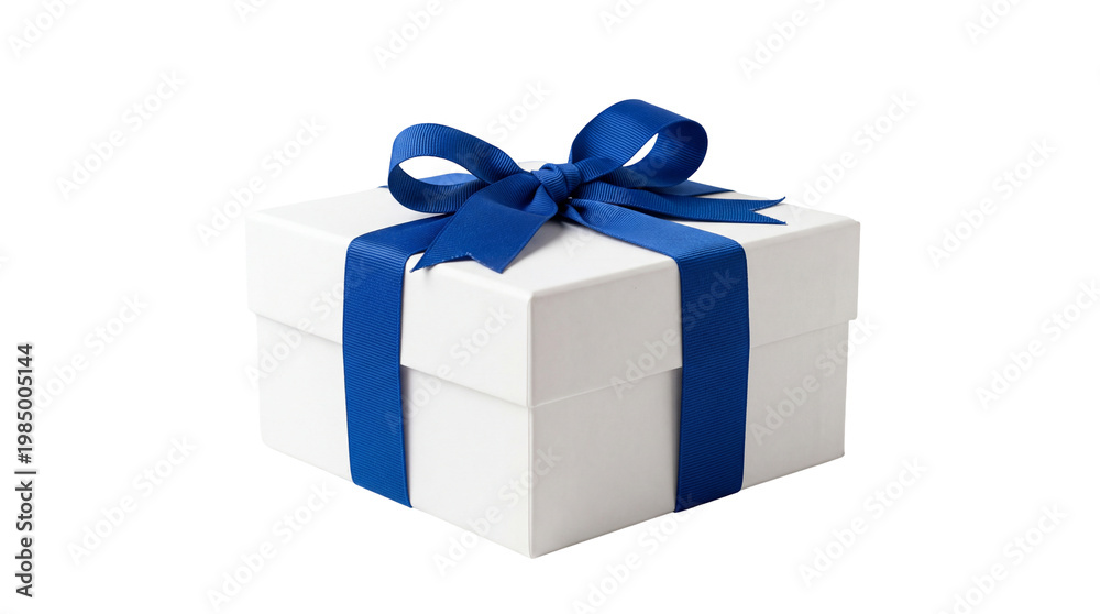 Obraz premium White gift box with blue ribbon and bow, isolated on transparent background