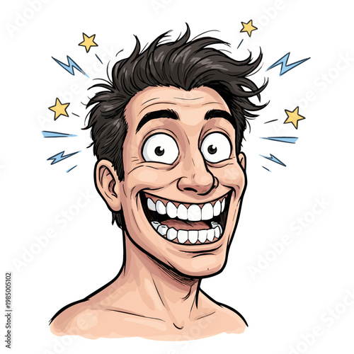 Man with crazy energetic expression and messy hair vector