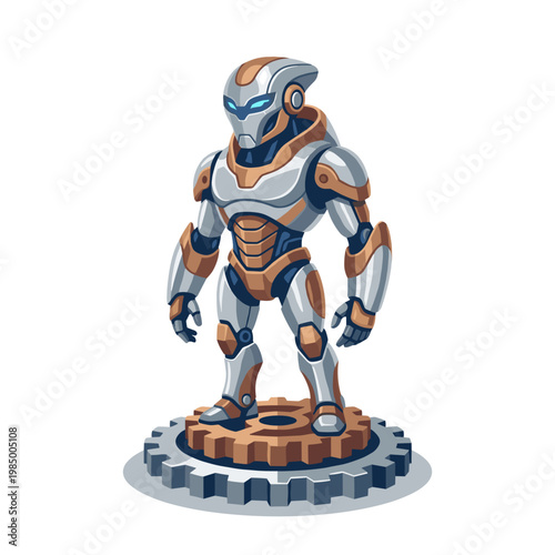 Futuristic robot character standing on gear base vector