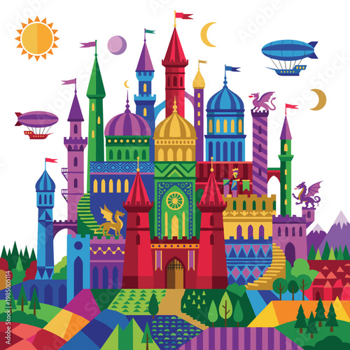 Whimsical fairy tale castle with colorful towers and blimps vector