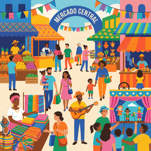 Colorful central market with people shopping and musicians vector