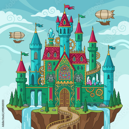 Enchanted fantasy castle with emerald towers and zeppelins vector