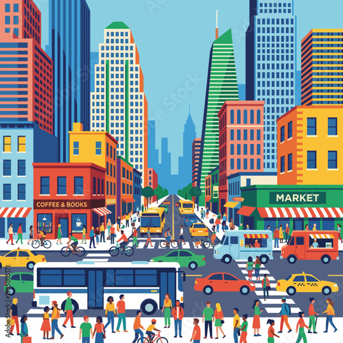 Busy city avenue with skyscrapers buses and pedestrians vector