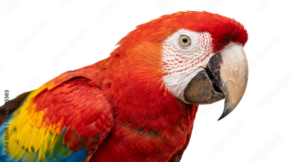 Fototapeta premium Scarlet macaw parrot with vibrant red yellow and blue feathers, isolated on transparent background