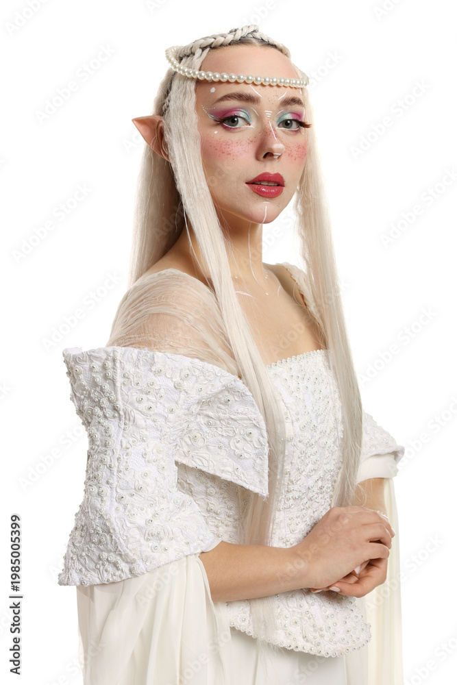 Naklejka premium Beautiful girl dressed as elf on white background