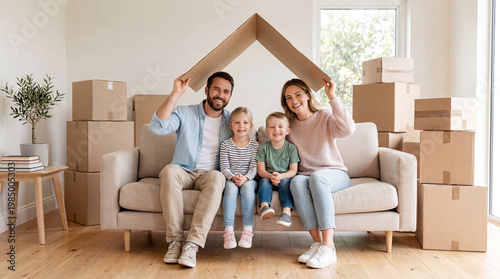A family sits on a couch in a new home surrounded by cardboard boxes. They hold a cardboard cutout of a house over their heads. Two children sit with their parents