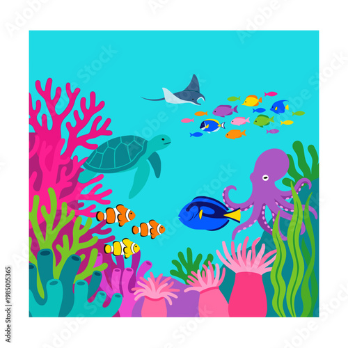 Sea turtle swimming in tropical coral reef garden vector