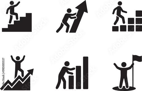 Set of 6 Success and Business Growth Icons - Silhouette Vector Graphics of Career Advancement, Achievement, Goal Reaching, and Upward Trend
