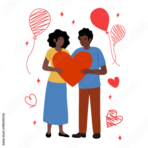 Holiday card of love. Romantic couple with giant heart. Flat vector illustration for Valentine's greetings and romantic invites.