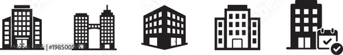 Office Building Icon Set, Corporate Real Estate and Apartment Vector Silhouettes