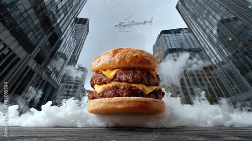 Gourmet cheeseburger with two beef patties and melted cheese, set against a backdrop of modern skyscrapers and a helicopter in the sky