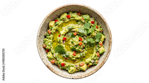 Canvas Print Fresh chunky guacamole with red pepper and cilantro, isolated on transparent bac