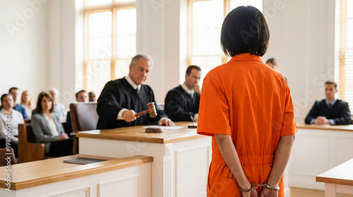 A woman in an orange jumpsuit stands in a courtroom while a judge holds a gavel. The audience watches as the legal process unfolds in a bright room with large windows