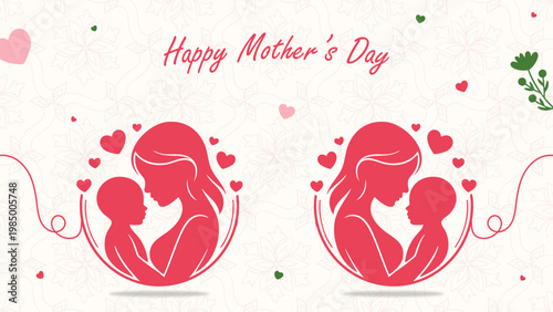 Happy Mother's Day Greeting with Pink Mother and Baby Silhouettes, Elegant Motherhood Illustration with Heart Accents and Floral Pattern, Maternal Love Vector Banner with Decorative Mandala Background