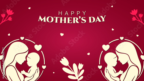 Happy Mother's Day Banner with Mother and Baby Silhouettes on Red Background, Elegant Motherhood Illustration with Floral Elements and Hearts for Greeting Card, Minimalist Mother and Infant Silhouette
