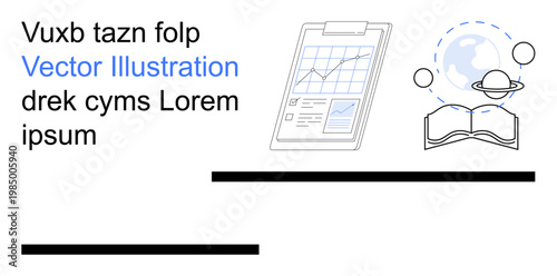 Education, research, data analysis, e-learning, global knowledge, business insights. Open book with globe, chart on tablet. Education and research concepts