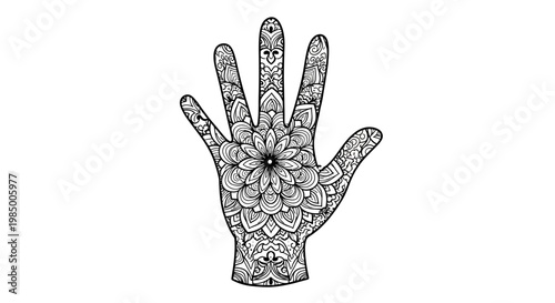 Intricately designed hand with floral patterns.