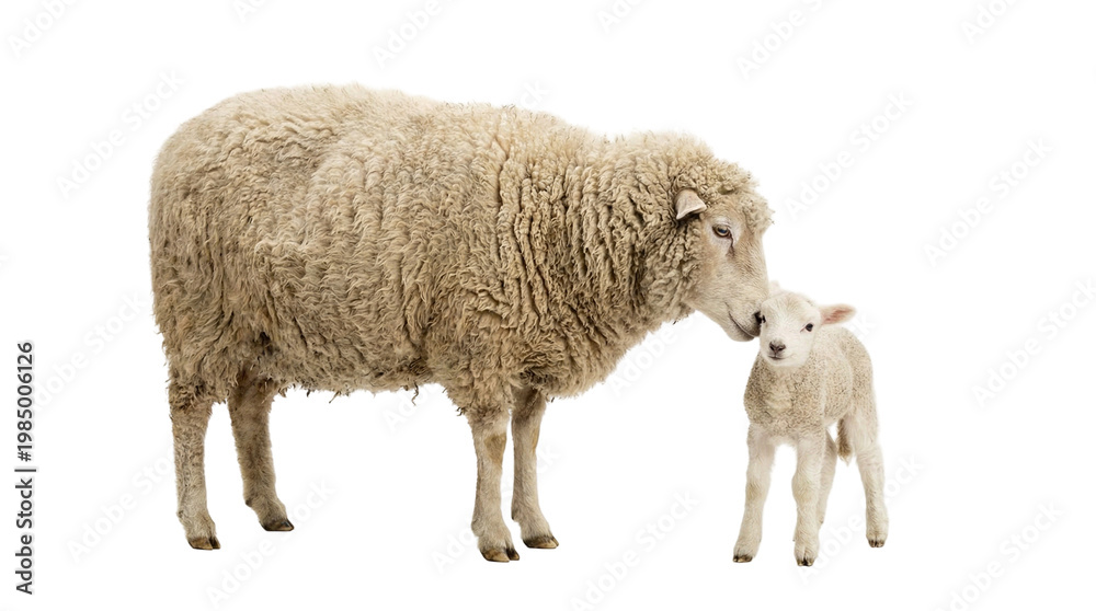 Obraz premium Fluffy sheep nuzzling its adorable lamb, isolated on transparent background