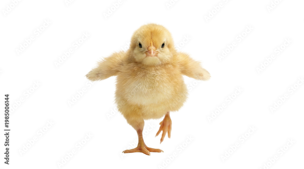 Obraz premium Fluffy yellow chick balancing on one leg, isolated on transparent background