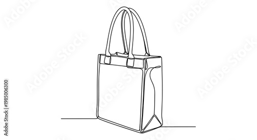 Single stroke reusable tote carrier in black monochrome outline on transparent background