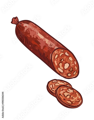 Salami sausage. Vector handdrawn illustration isolated on white background