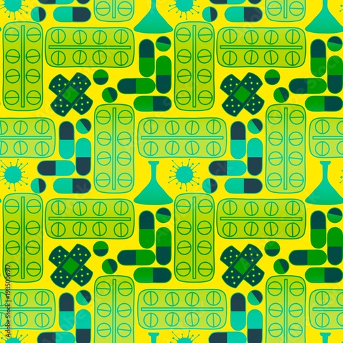Medicine seamless pills pattern for wrapping paper and doctor clothes and packaging and medical accessories