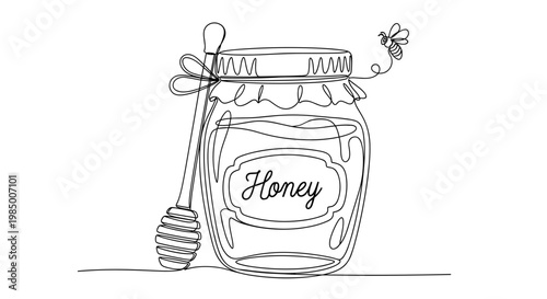 Honey jar with dipper and bee, minimalist continuous line art style on transparent background, organic food and natural sweetener