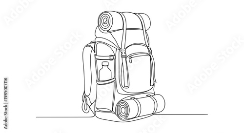 Hiking backpack with sleeping bag, minimalist continuous line art style on transparent background, outdoor adventure and travel gear