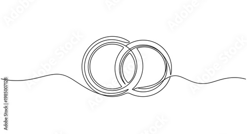 Intertwined wedding rings, minimalist continuous line art style on transparent background, symbol of eternal love, marriage ceremony and romantic commitment