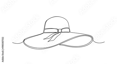 Wide-brimmed sun hat, minimalist continuous line art style, bold black ink, on transparent background, summer travel and feminine beach vacation fashion accessory