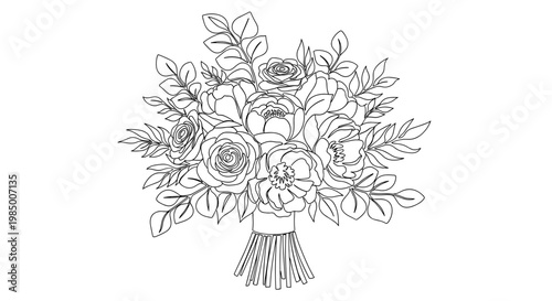 Hand-tied flower bunch in intricate linear sketch technique, stark black outlines, on transparent background
