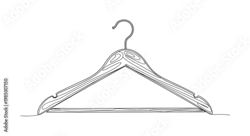 Wooden clothes hanger, minimalist black line art style, on transparent background, garment storage and fashion retail organization